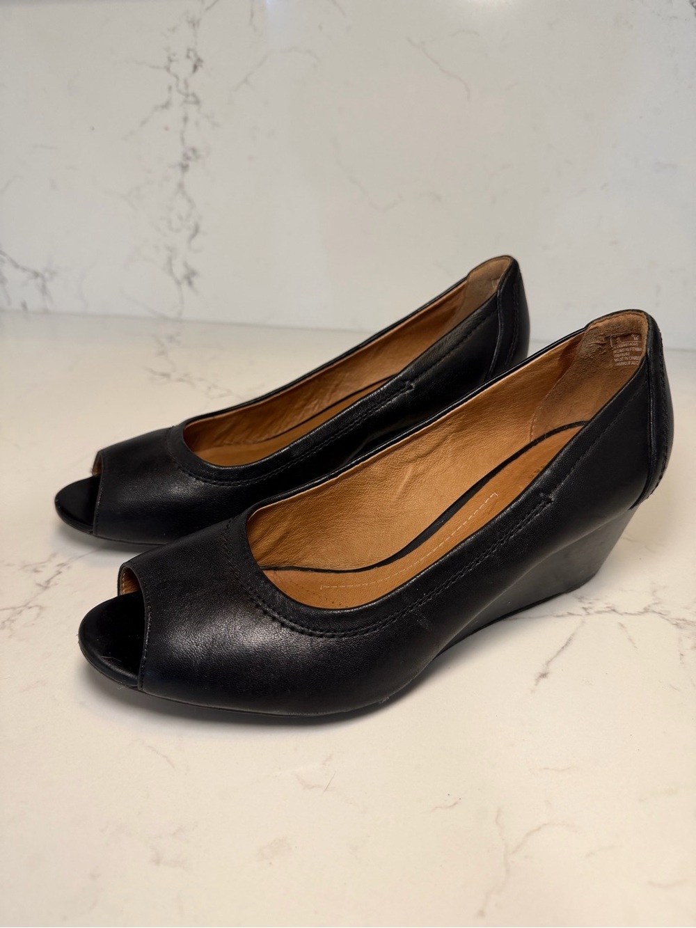 Clark’s - Women’s Leather Black Peep-Toe Wedge Pumps